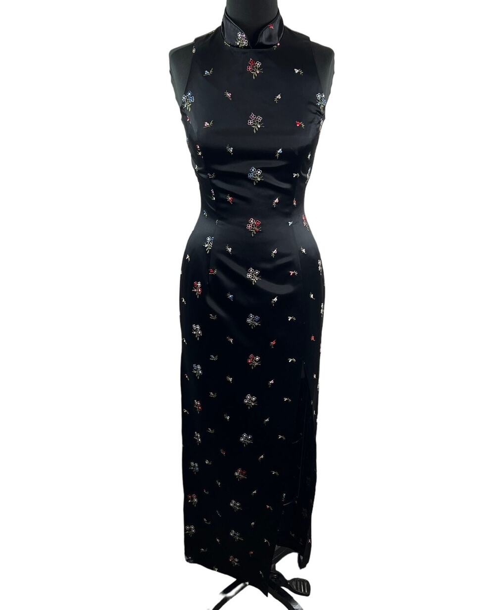 VINTAGE Jessica McClintock Black Dress Floral Asian Oriental Stand Collar Slit